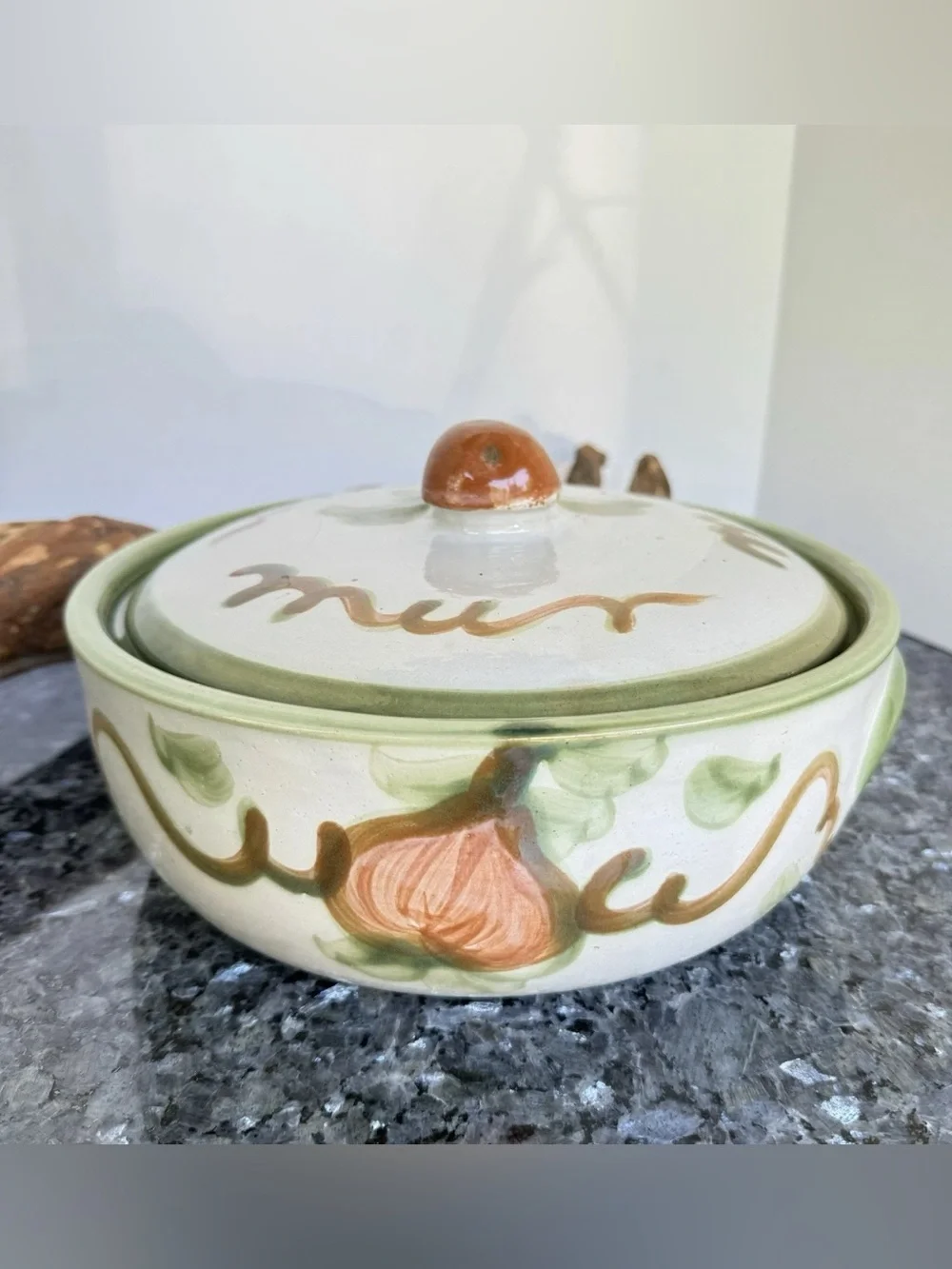 Vintage Louisville Stoneware Co. “Harvest” Pear Pattern Lidded 9” Casserole Dish